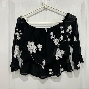 Floral Black and White Off-Shoulder Top